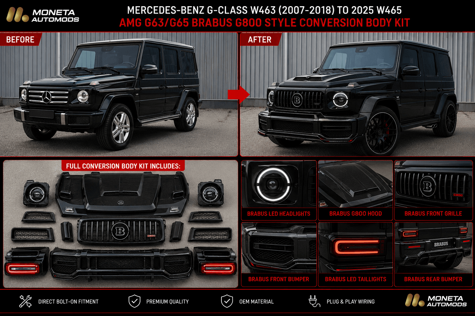 Mercedes-Benz G-Class W463 (2007–2018) to 2025 W465 AMG G63/G65 Brabus G800 Style Conversion Body Kit – Bumper, Headlight, Taillight & Hood Upgrade