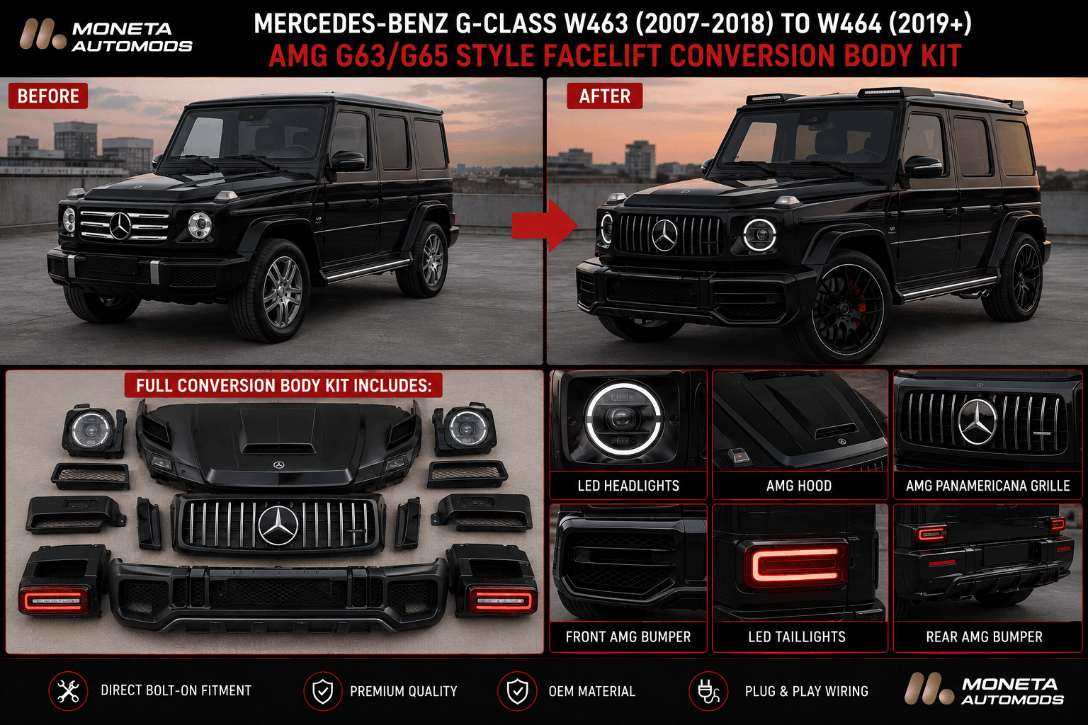 Mercedes-Benz G-Class W463 (2007–2018) to W464 (2019+) AMG G63/G65 Style Facelift Conversion Body Kit – Front & Rear Bumper, Headlights, Taillights & Hood