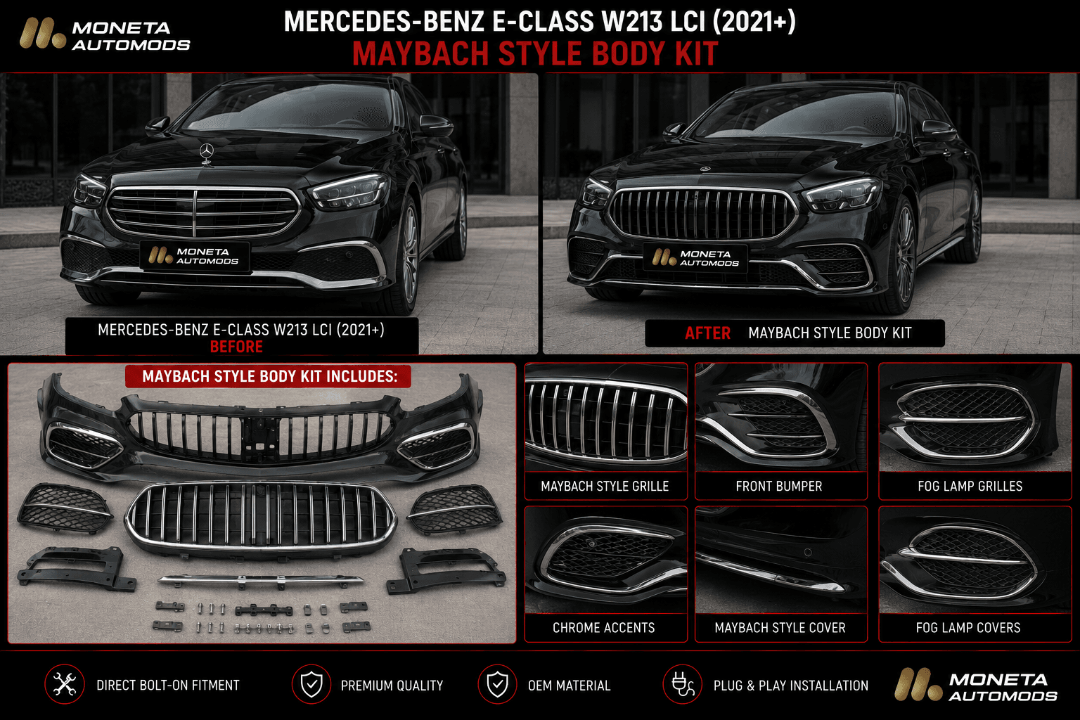 Mercedes-Benz E-Class W213 LCI (2021+) Maybach Style Body Kit – Front Bumper, Grille, Fog Lamp Grilles & Cover
