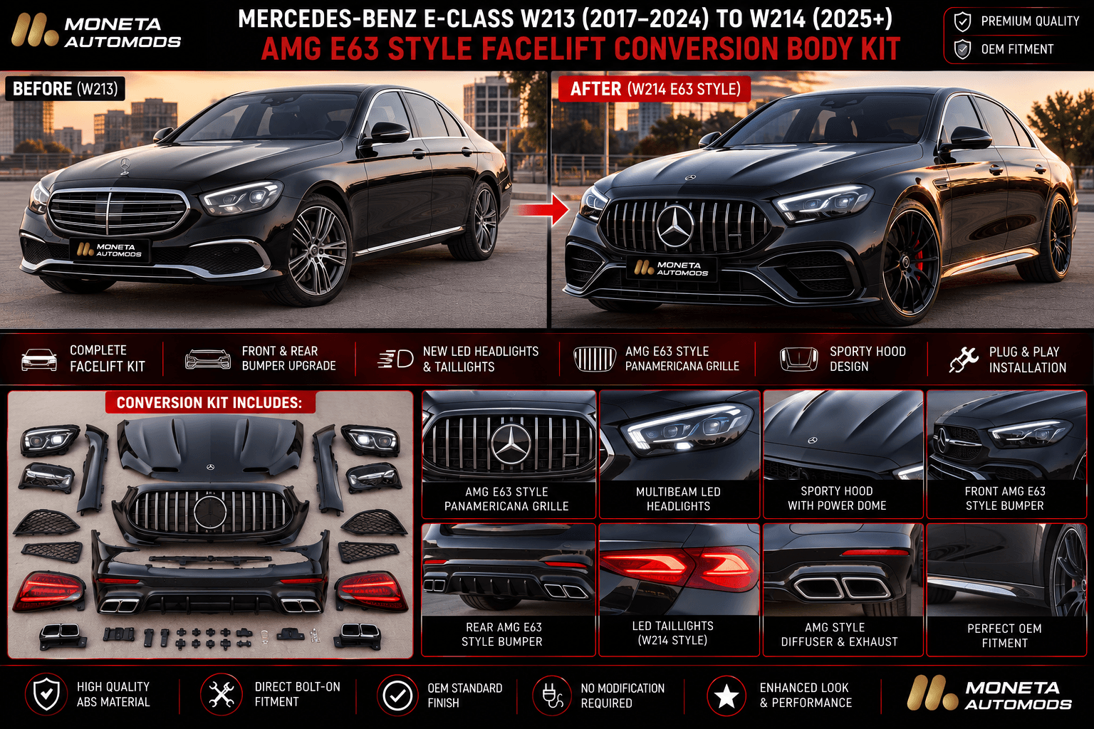 Mercedes-Benz E-Class W213 (2017–2024) to W214 (2025+) AMG E63 Style Facelift Conversion Body Kit – Front & Rear Bumper, Hood, Headlights & Taillights