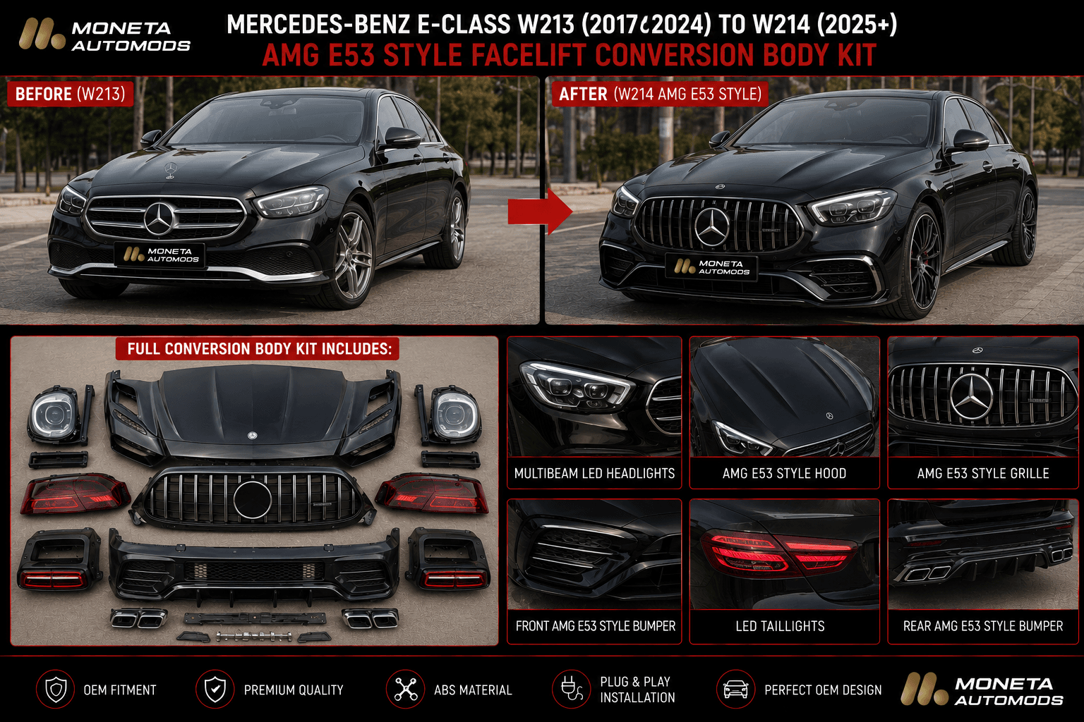 Mercedes-Benz E-Class W213 (2017–2024) to W214 (2025+) AMG E53 Style Facelift Conversion Body Kit – Front & Rear Bumper, Hood, Headlights & Taillights