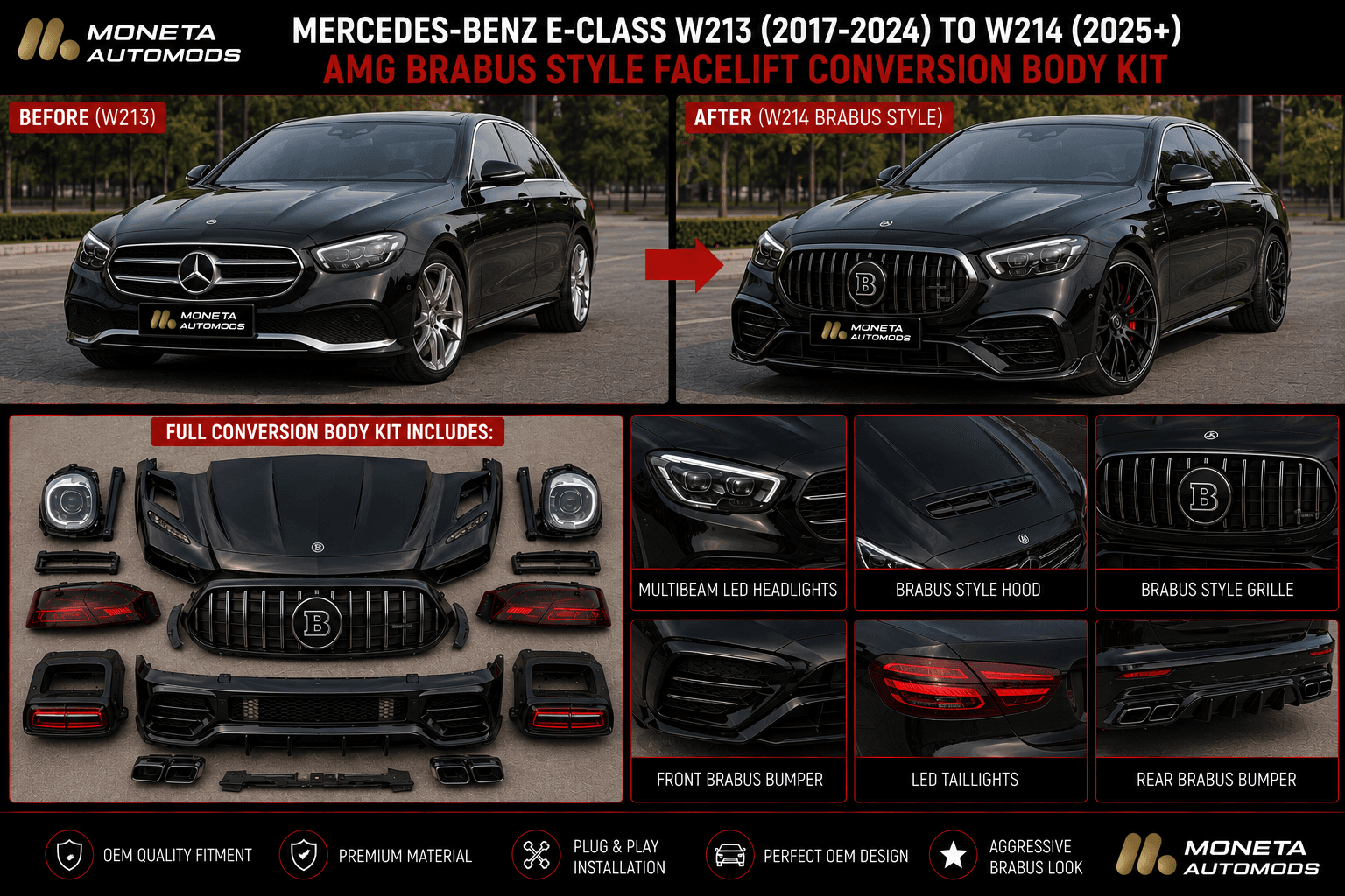 Mercedes-Benz E-Class W213 (2017–2024) to W214 (2025+) AMG Brabus Style Facelift Conversion Body Kit – Front & Rear Bumper, Hood, Headlights & Taillights