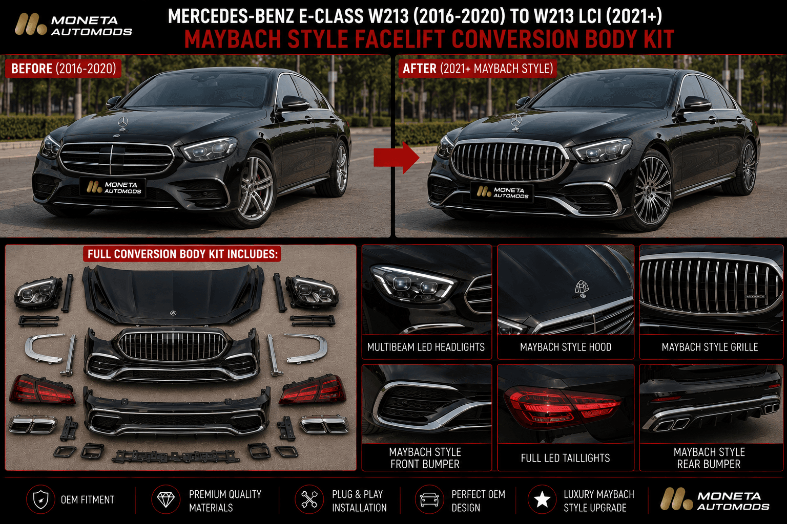 Mercedes-Benz E-Class W213 (2016–2020) to W213 LCI (2021+) Maybach Style Facelift Conversion Body Kit – Front & Rear Bumper, Hood, Headlights & Taillights