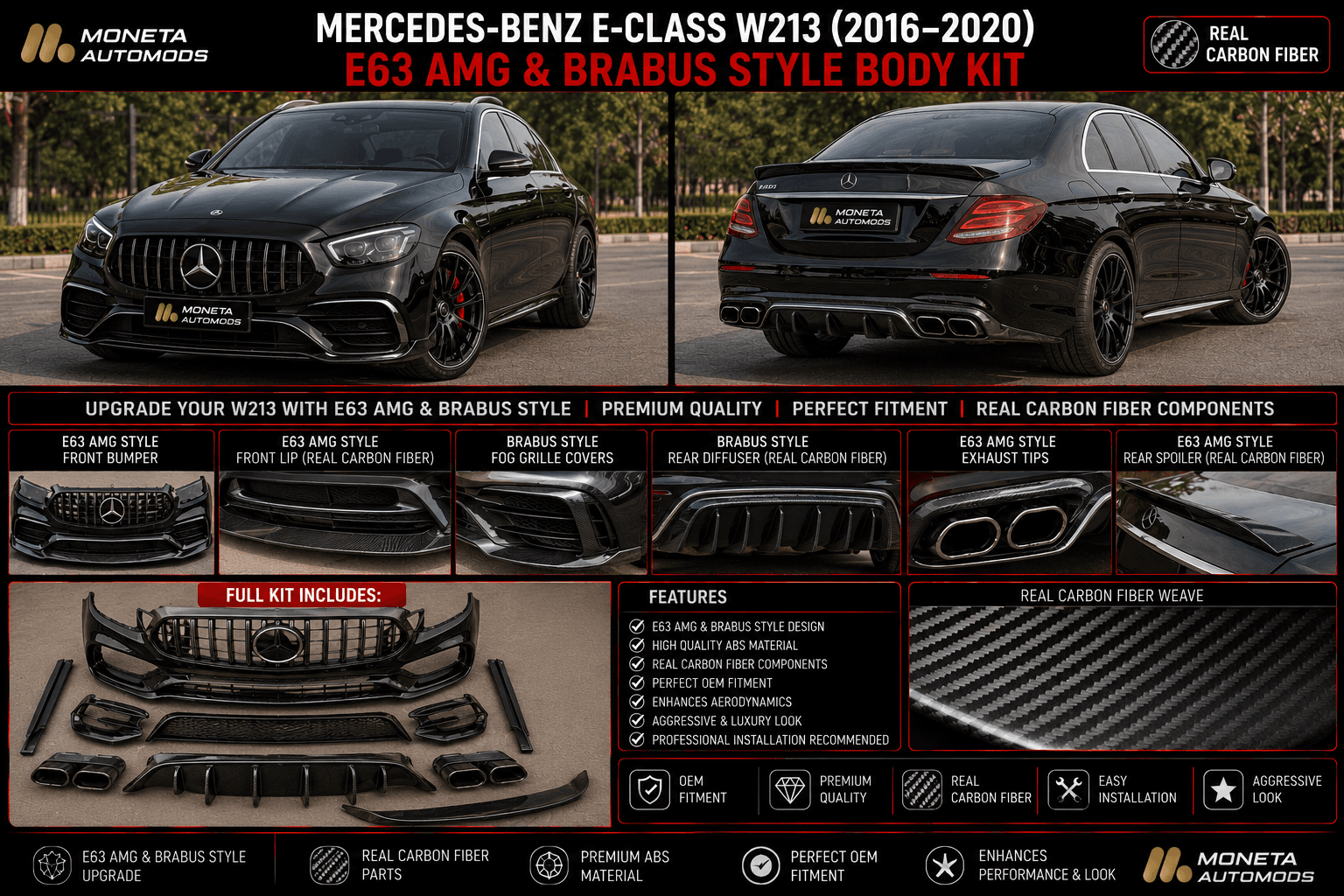 Mercedes-Benz E-Class W213 (2016–2020) E63 AMG & Brabus Style Body Kit – Front Bumper, Front Lip, Rear Diffuser, Exhaust Tips, Fog Grille Covers, Spoiler & Real Carbon Fiber