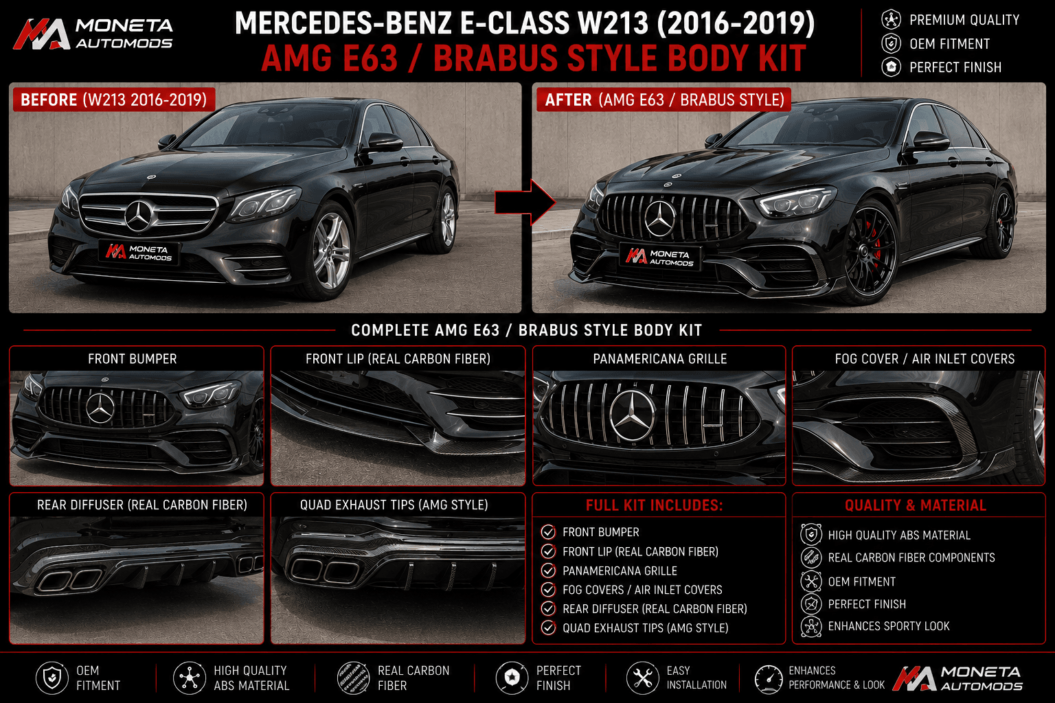 Mercedes-Benz E-Class W213 (2016–2019) AMG E63 / Brabus Style Body Kit – Front Bumper, Front Lip, Diffuser, Exhaust Tips, Fog Covers & Grille