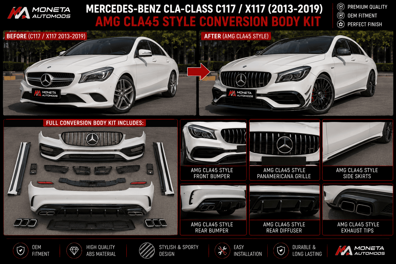 Mercedes-Benz CLA-Class C117/X117 (2013–2019) AMG CLA45 Style Conversion Body Kit – Front & Rear Bumper, Side Skirts, Diffuser & Exhaust Tips