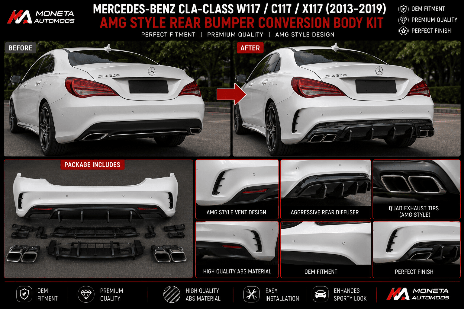 Mercedes-Benz CLA-Class W117/C117/X117 (2013–2019) AMG Style Rear Bumper Conversion Body Kit