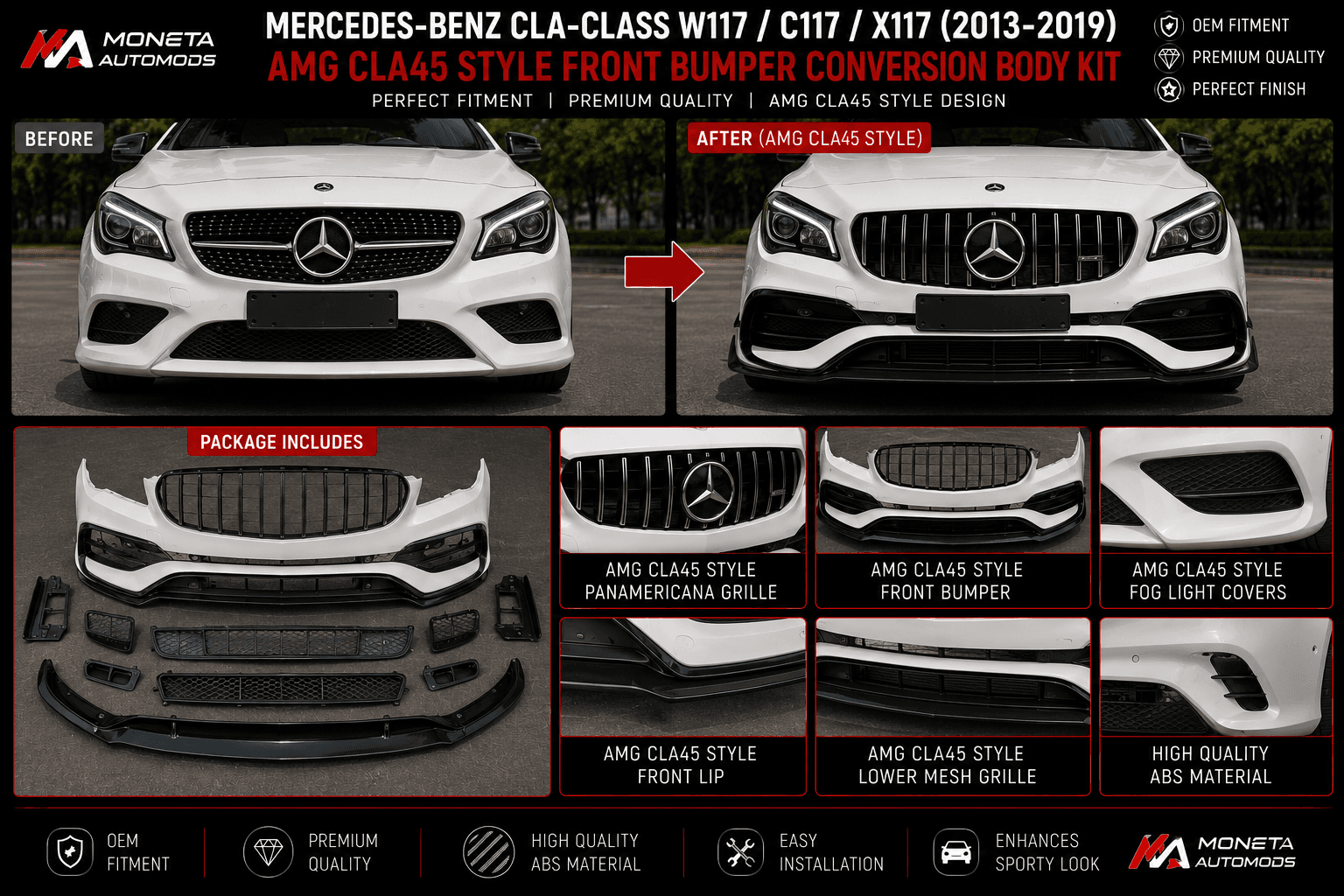 Mercedes-Benz CLA-Class W117/C117/X117 (2013–2019) AMG CLA45 Style Front Bumper Conversion Body Kit