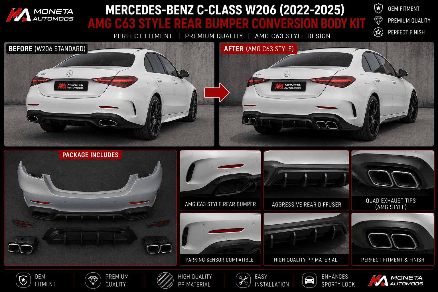 Mercedes-Benz C-Class W206 (2022–2025) AMG C63 Style Rear Bumper Conversion Body Kit 1