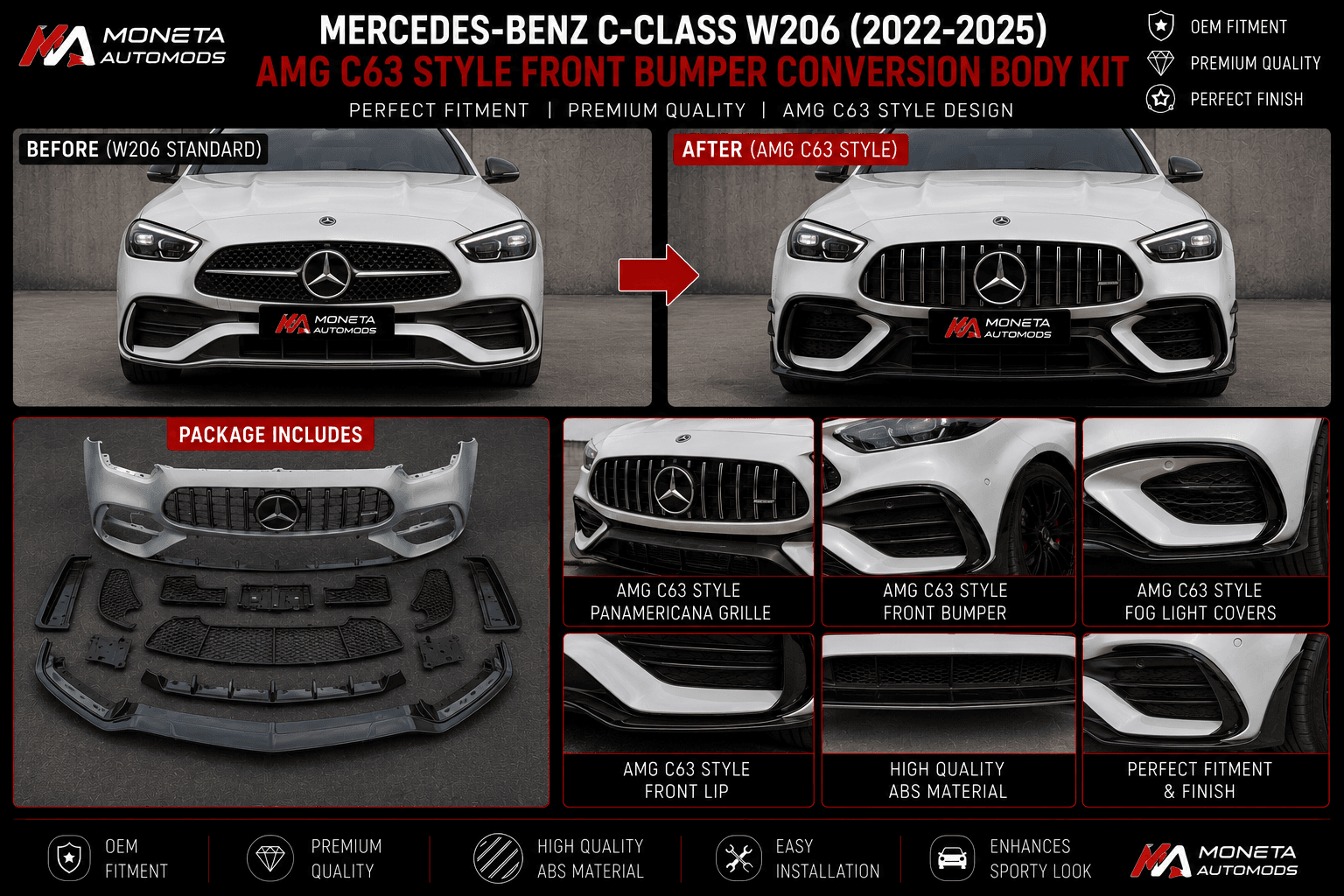 Mercedes-Benz C-Class W206 (2022–2025) AMG C63 Style Front Bumper Conversion Body Kit 1