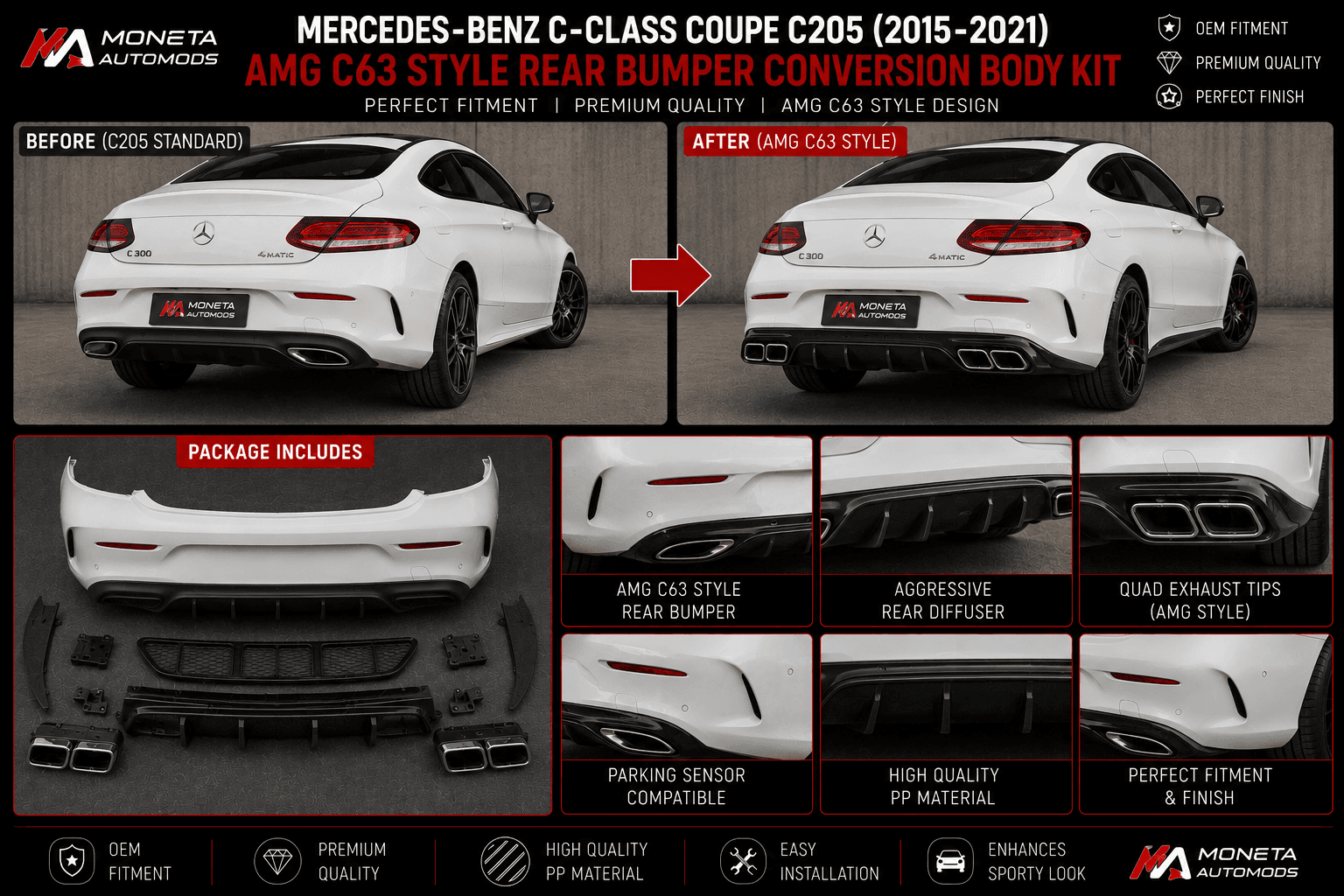 Mercedes-Benz C-Class Coupe C205 (2015–2021) AMG C63 Style Rear Bumper Conversion Body Kit