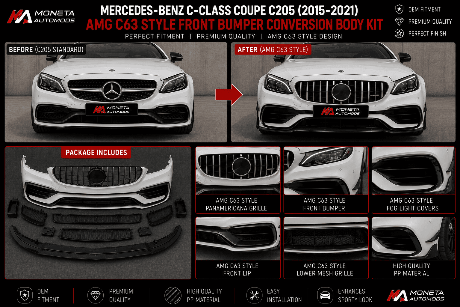 Mercedes-Benz C-Class C205 Coupe (2015–2021) AMG C63 Style Front Bumper Conversion Body Kit