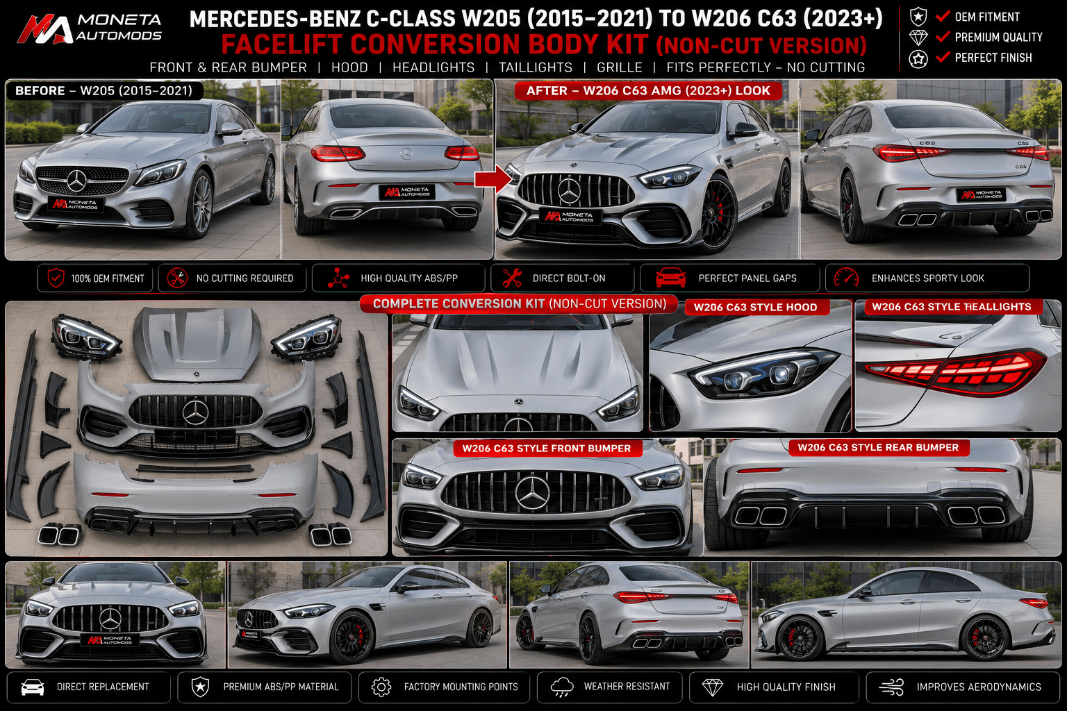 Mercedes-Benz C-Class W205 (2015–2021) to W206 C63 AMG (2023+) Facelift Conversion Body Kit – Front & Rear Bumper, Hood, Headlights, Taillights (Non-Cut Version)