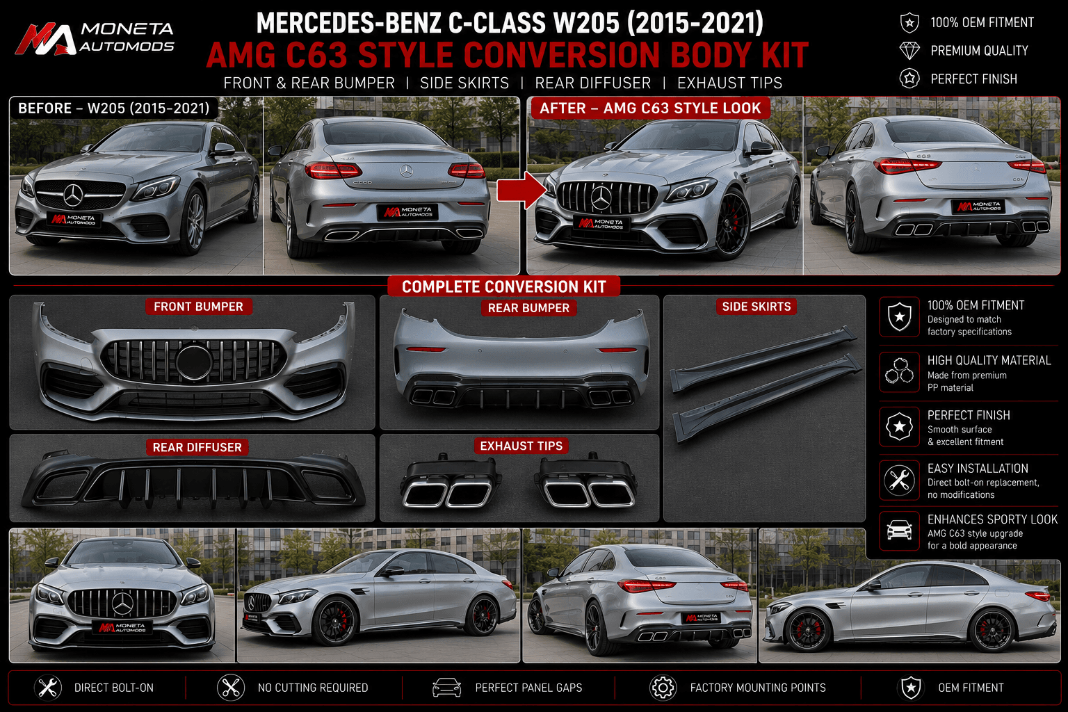 Mercedes-Benz C-Class W205 (2015–2021) AMG C63 Style Conversion Body Kit – Front & Rear Bumper, Side Skirts, Diffuser & Exhaust Tips