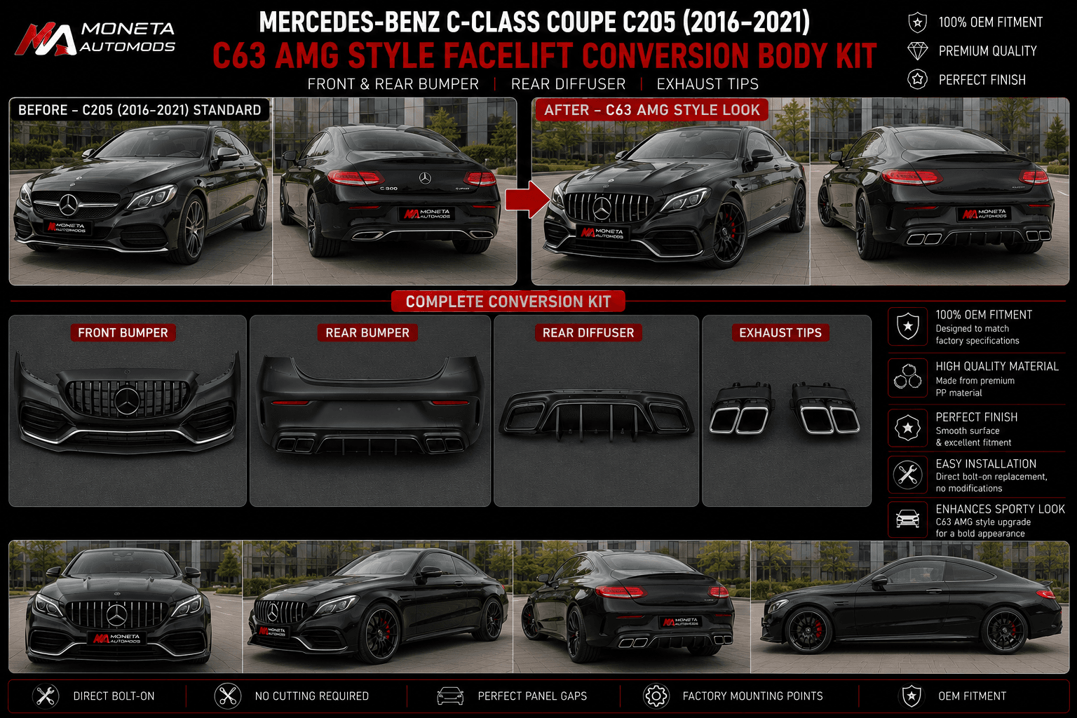 Mercedes-Benz C-Class Coupe C205 (2016–2021) C63 AMG Style Facelift Conversion Body Kit – Front & Rear Bumper, Diffuser & Exhaust Tips