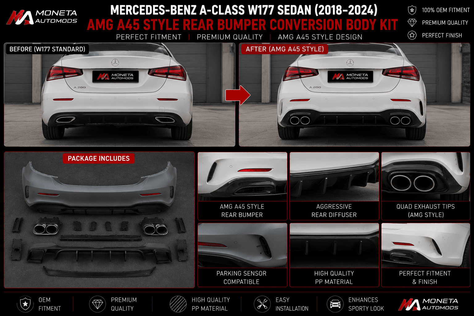 Mercedes-Benz A-Class W177 Sedan (2018–2024) AMG A45 Style Rear Bumper Conversion Body Kit