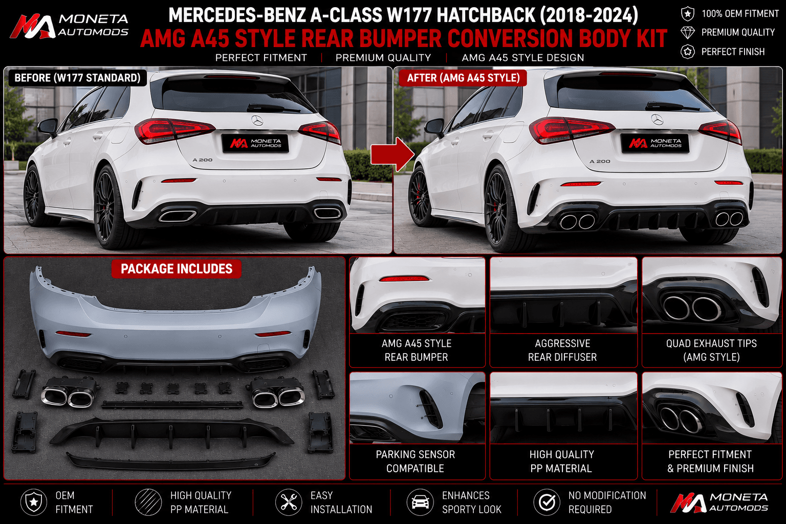 Mercedes-Benz A-Class W177 Hatchback (2018–2024) AMG A45 Style Rear Bumper Conversion Body Kit