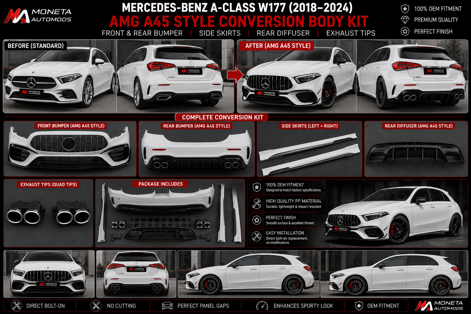 Mercedes-Benz A-Class W177 (2018–2024) AMG A45 Style Conversion Body Kit – Front & Rear Bumper, Side Skirts, Rear Diffuser & Exhaust Tips