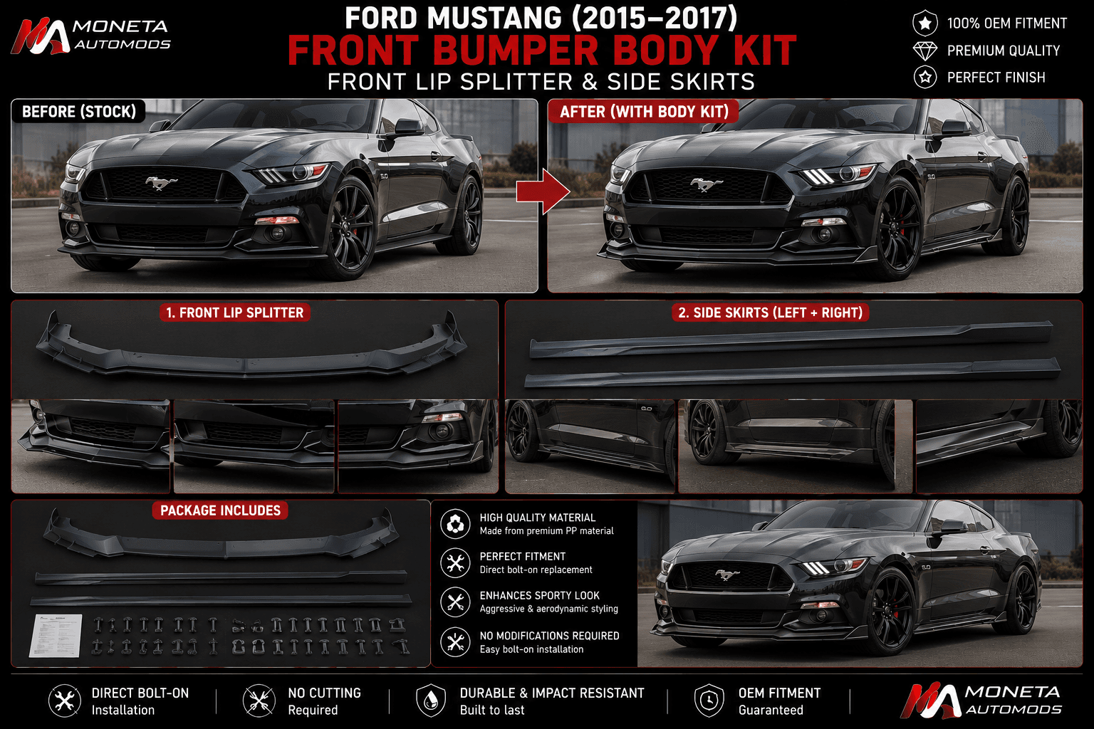 Ford Mustang (2015–2017) Front Bumper Body Kit – Front Lip Splitter & Side Skirts 1