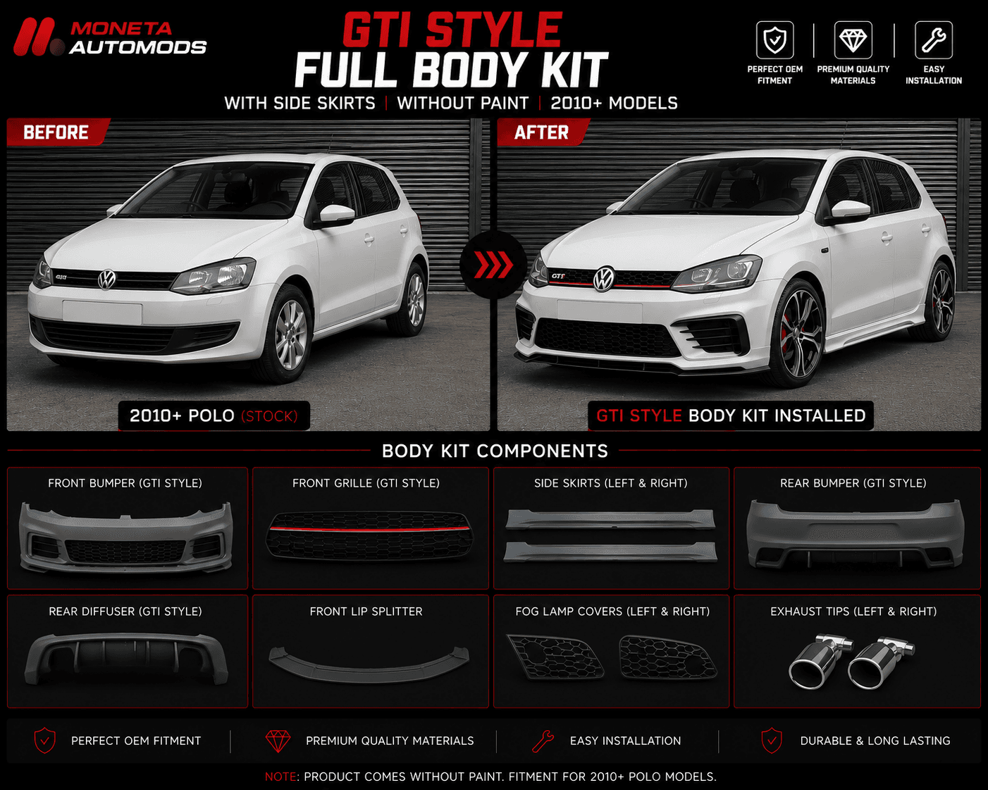 GTI Style Full Body Kit With Side Skirts Without Paint | 2010+ Models
