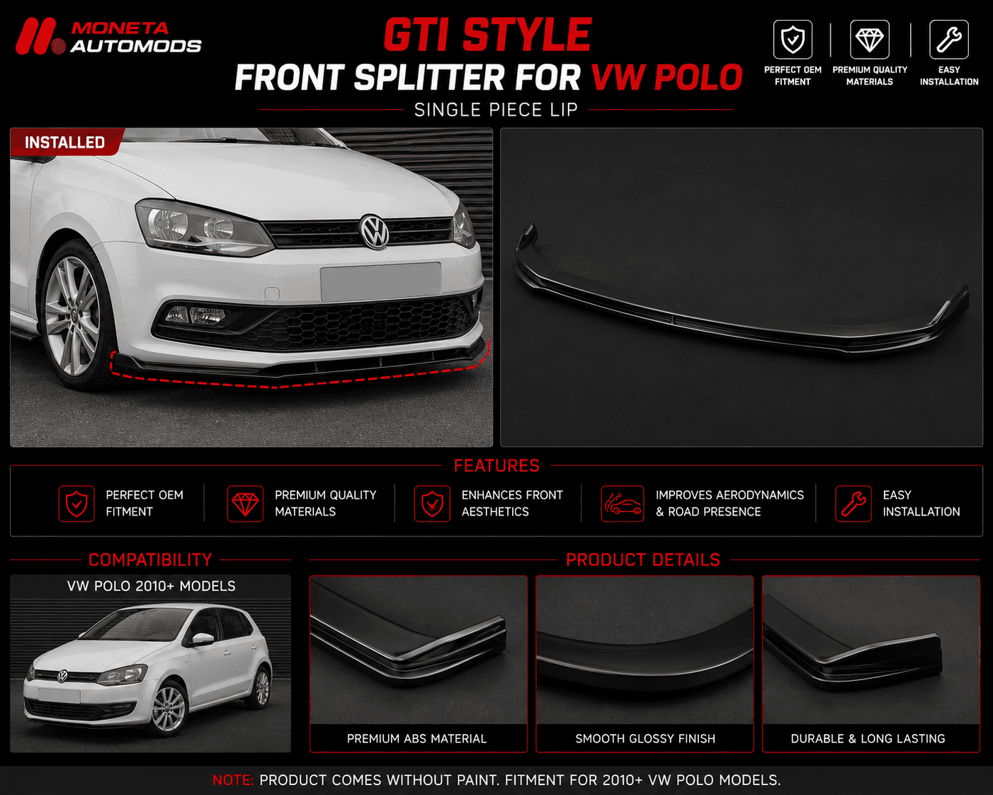 GTI Style front Splitter For VW Polo | Single Piece Lip