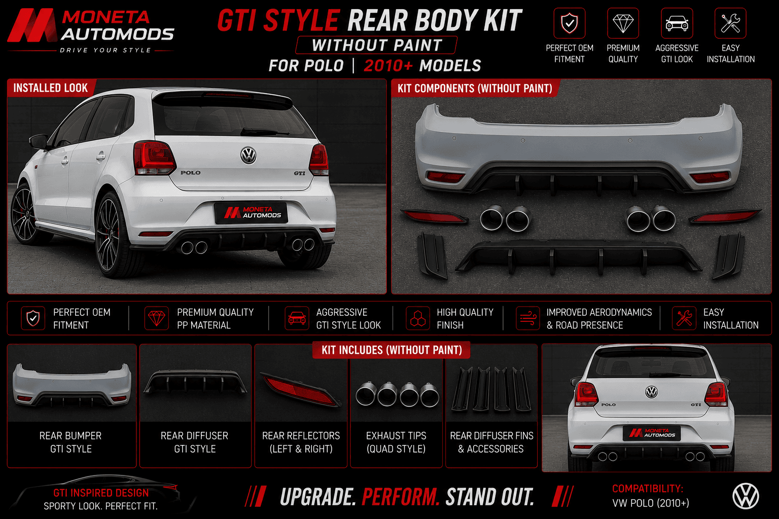 GTI Style Rear Body Kit Without Paint | 2010+ Models