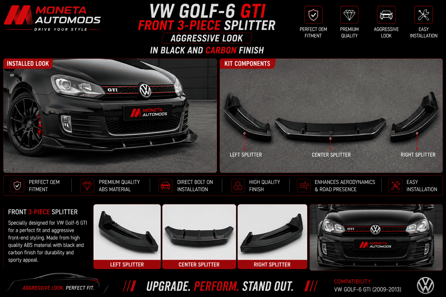 VW Golf-6 GTI Front 3-Piece Splitter | Aggressive Look in Black And Carbon Finish