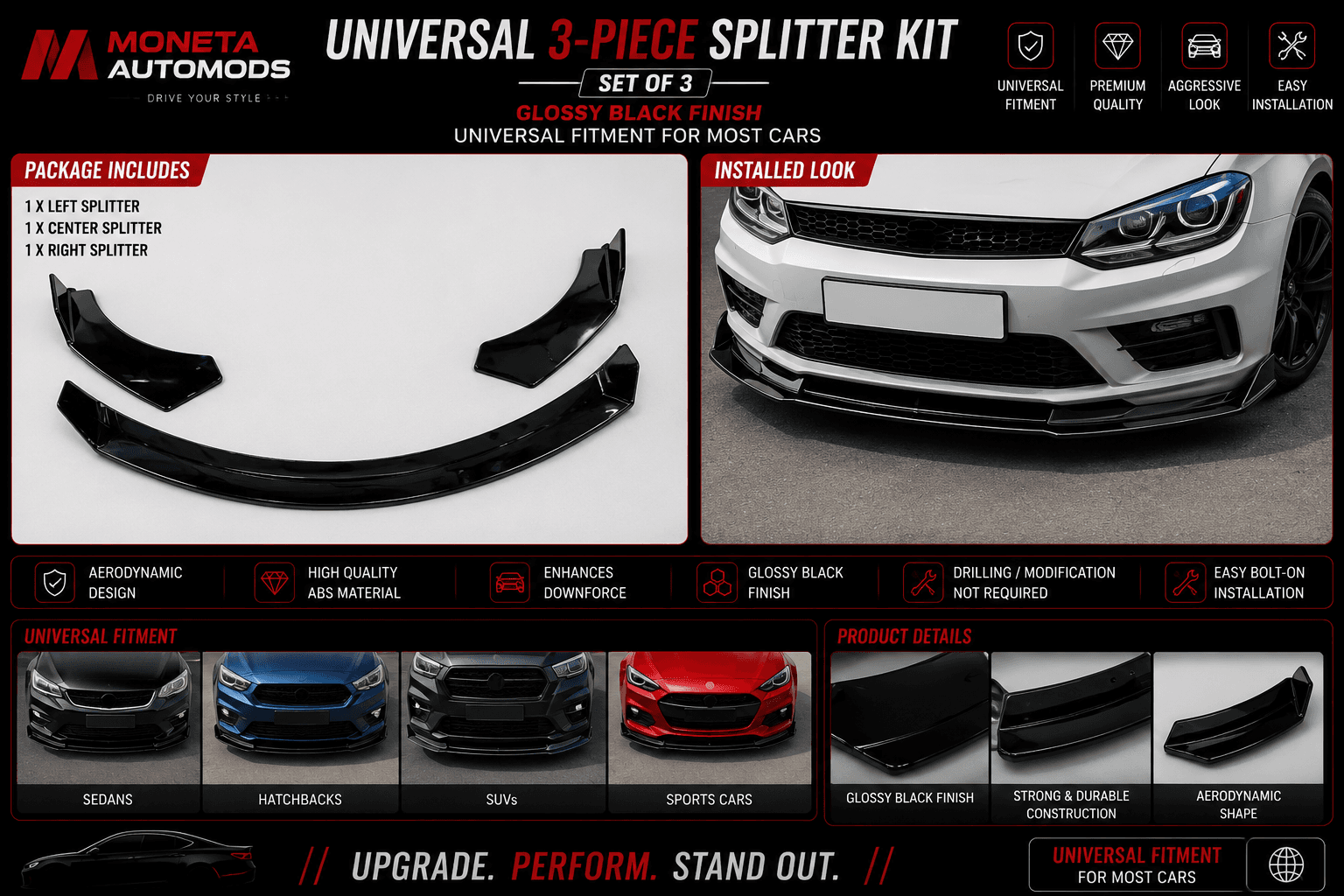 Universal 3-Piece Splitter Kit| Set of 3 (Glossy and Carbon finish)