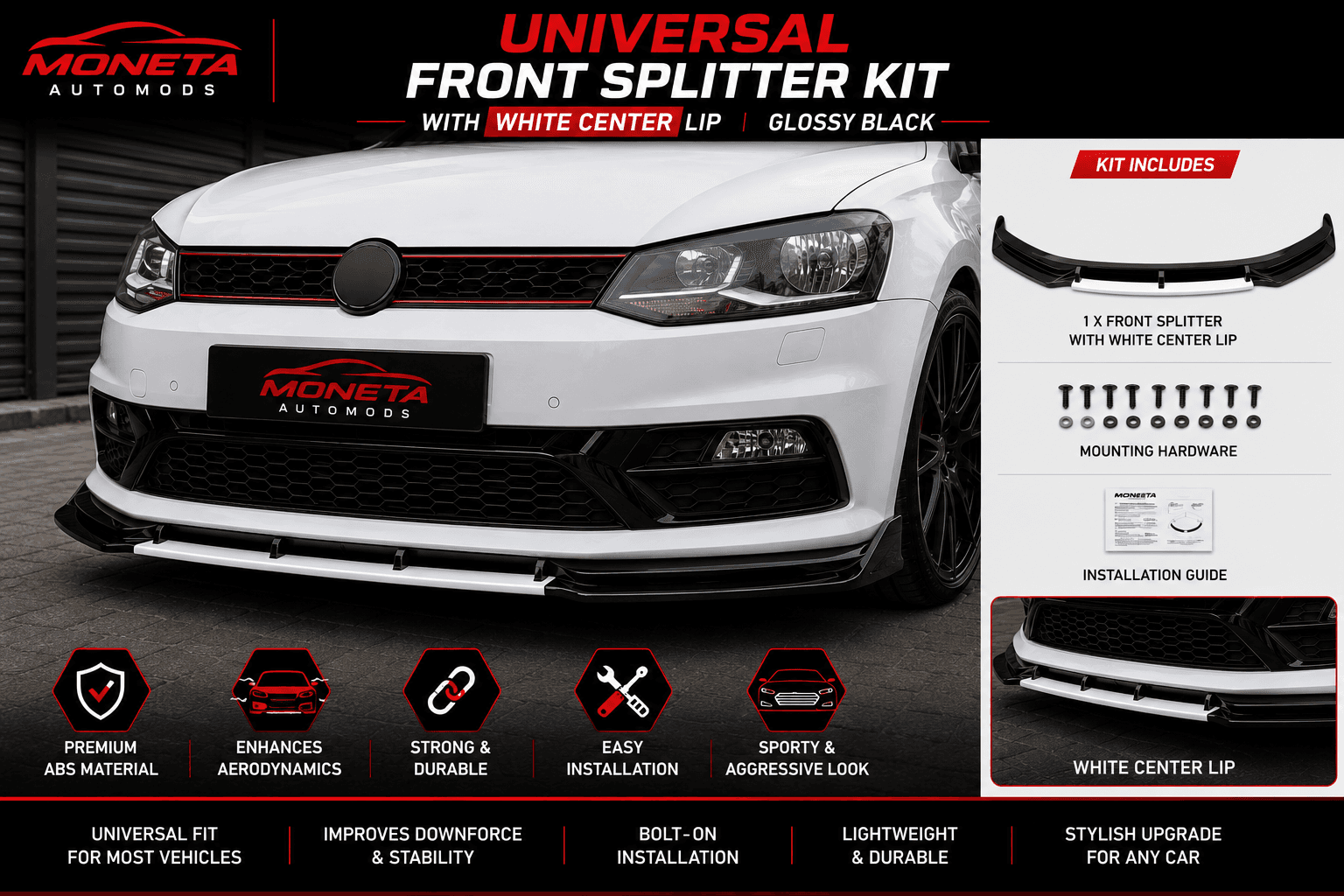 Universal Front Splitter Kit With White Lip| set of 4