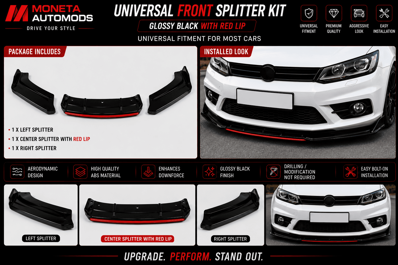 Universal Front Splitter kit With Red Lip| Glossy Black