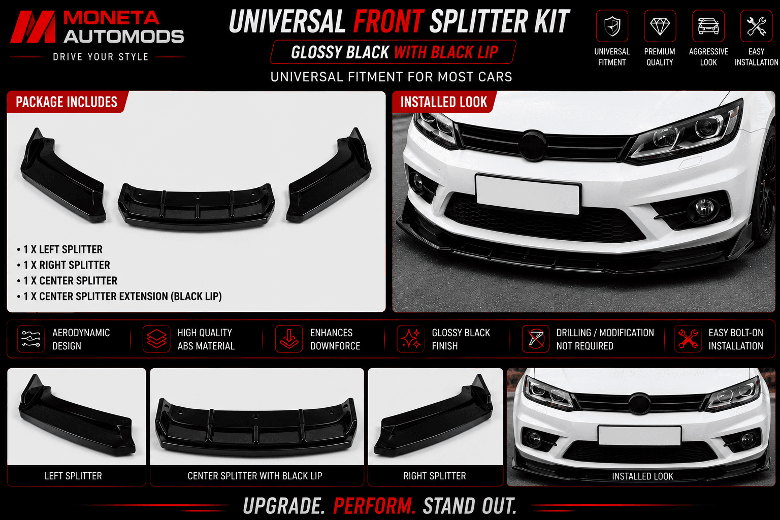Universal Front Splitter Kit With Black Lip |4 Piece