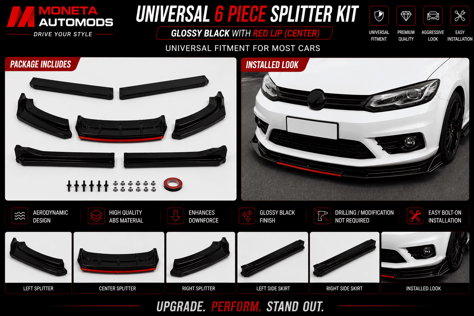 Universal 6 Piece Splitter Kit with Red Lips and Side Skirts