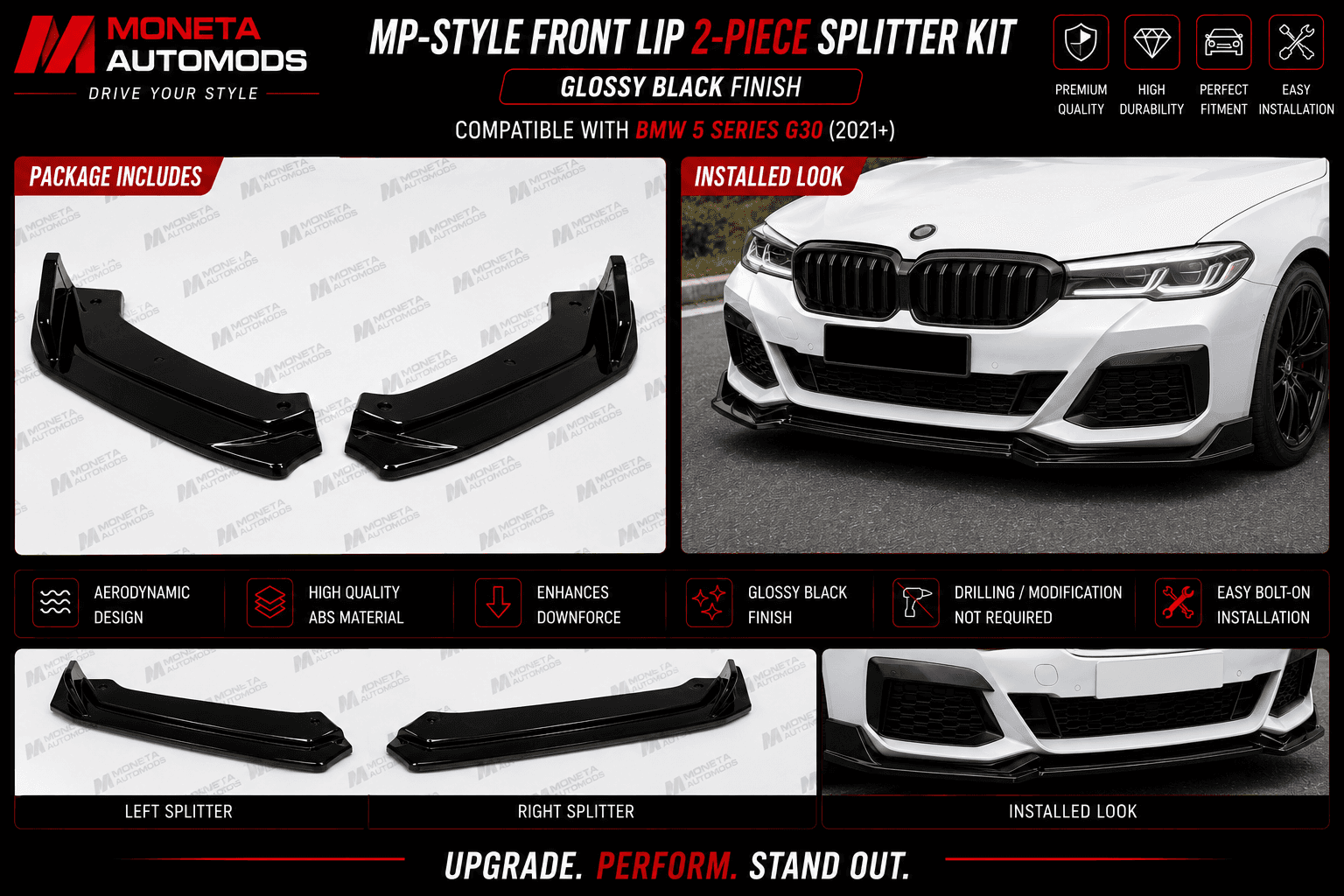 MP-Style Front Lip 2-Piece Splitter Kit Compatible With BMW 5 Series G30 (2021+) 1