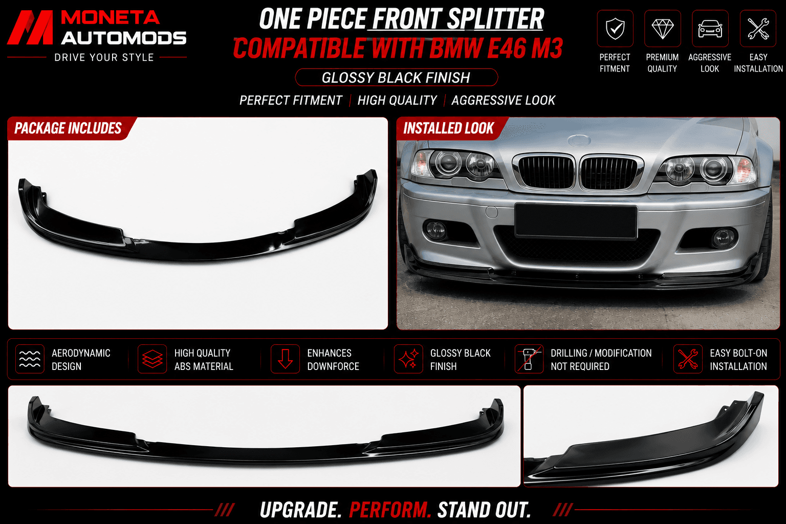 One Piece Splitter Compatible With BMW-E46 M3 | Glossy Black Finish