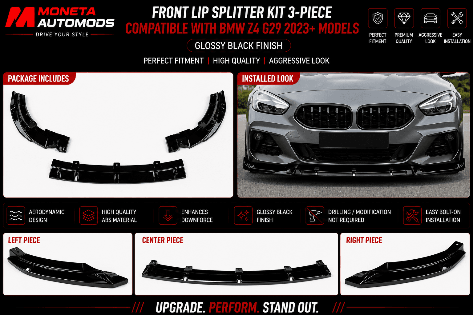 Front Lip Splitter Kit 3-Piece Compatible With BMW Z4 G29 2023+ Models