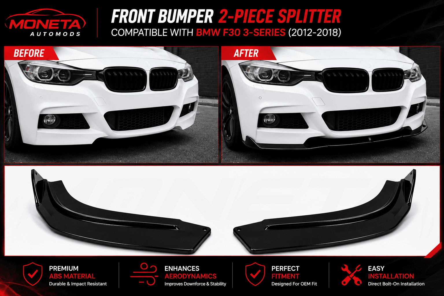 Front Bumper 2-Piece Splitter Compatible With BMW F30 3-Series