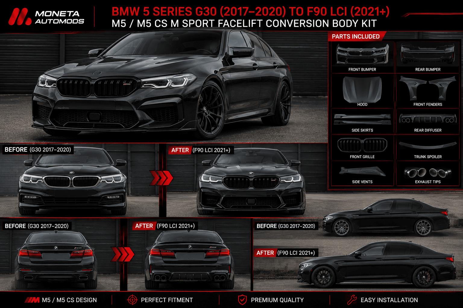 BMW 5 Series G30 (2017–2020) to F90 LCI (2021+) M5 / M5 CS M Sport Facelift Conversion Body Kit 1