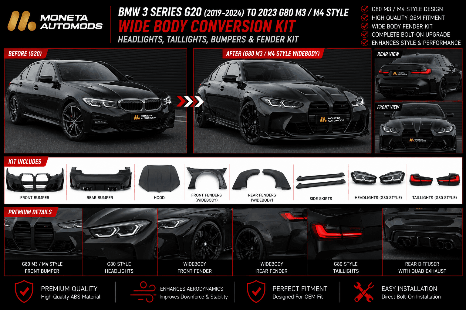 BMW 3 Series G20 (2019–2024) to 2023 G80 M3 / M4 Style Wide Body Conversion Kit – Headlights, Taillights, Bumpers & Fender Kit