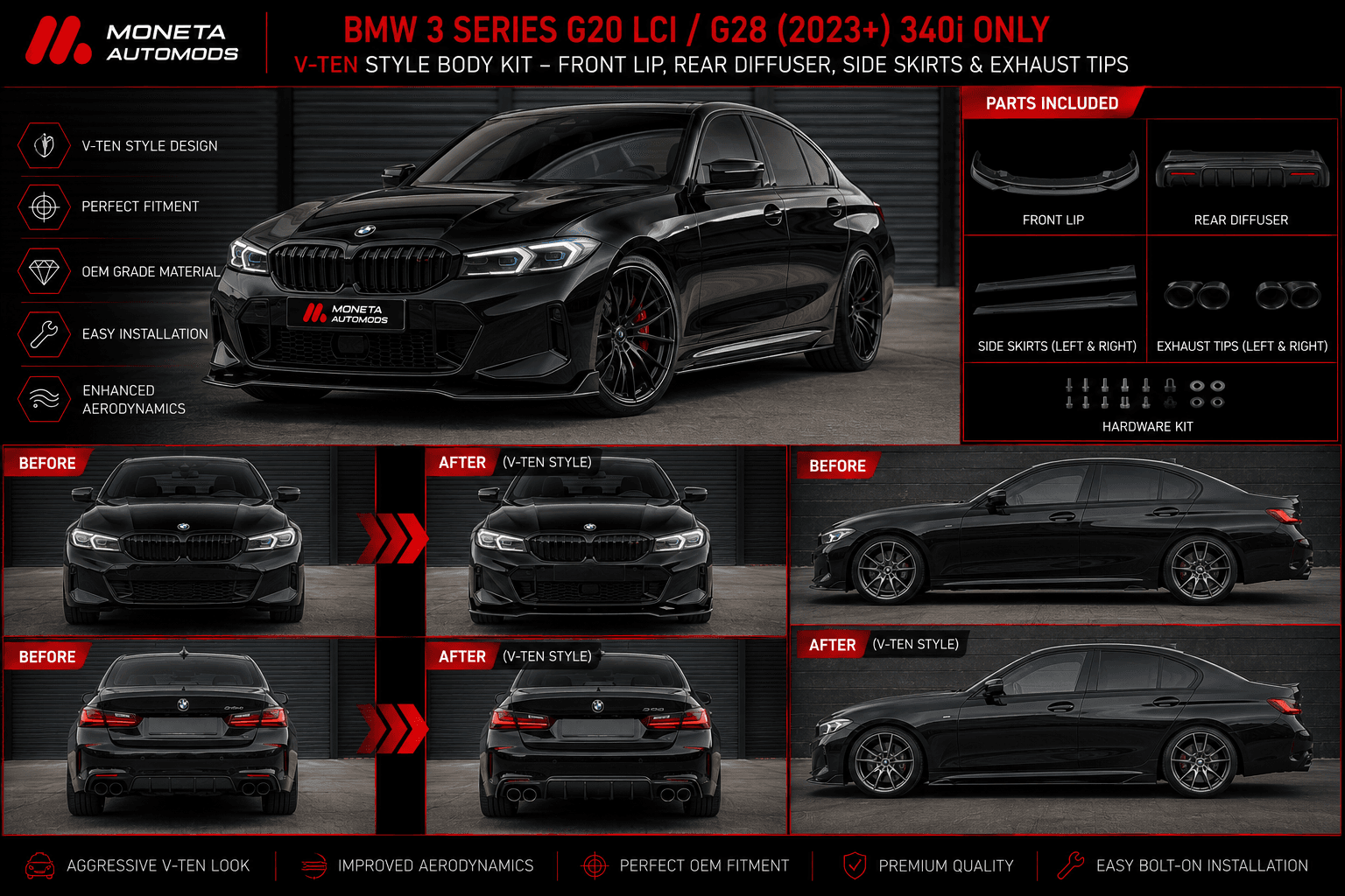BMW 3 Series G20 LCI / G28 (2023+) V-TEN Style Body Kit – Front Lip, Rear Diffuser, Side Skirts & Exhaust Tips (340i Only)