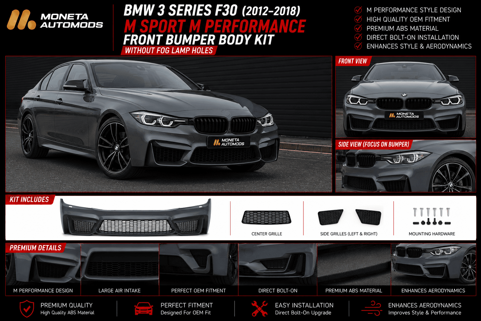 BMW 3 Series F30 (2012–2018) M Sport M Performance Front Bumper Body Kit (Without Fog Lamp Holes)
