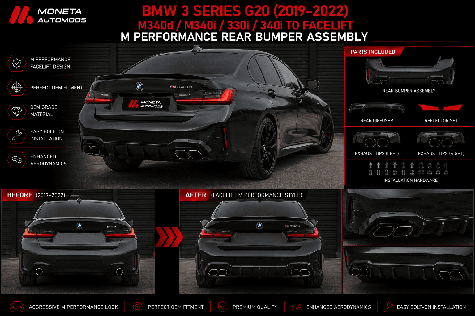 BMW 3 Series G20 (2019–2022) M340d / M340i / 330i / 340i to Facelift M Performance Rear Bumper Assembly