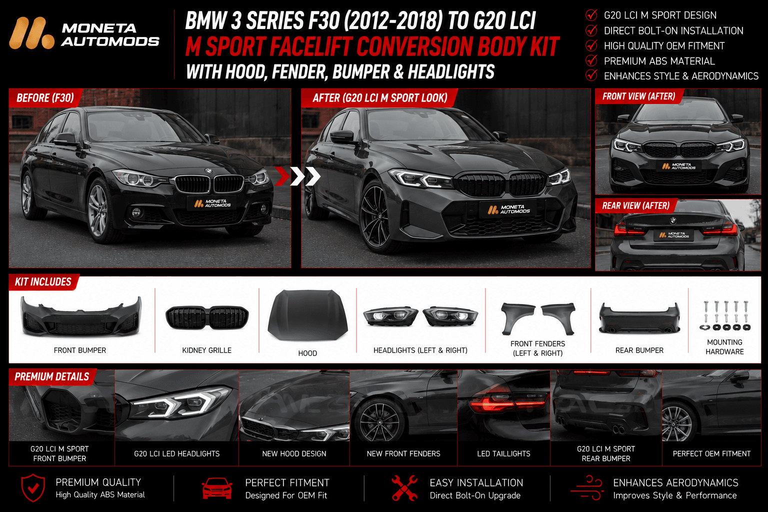 BMW 3 Series F30 (2012–2018) to G20 LCI M Sport Facelift Conversion Body Kit with Hood, Fender, Bumper & Headlights