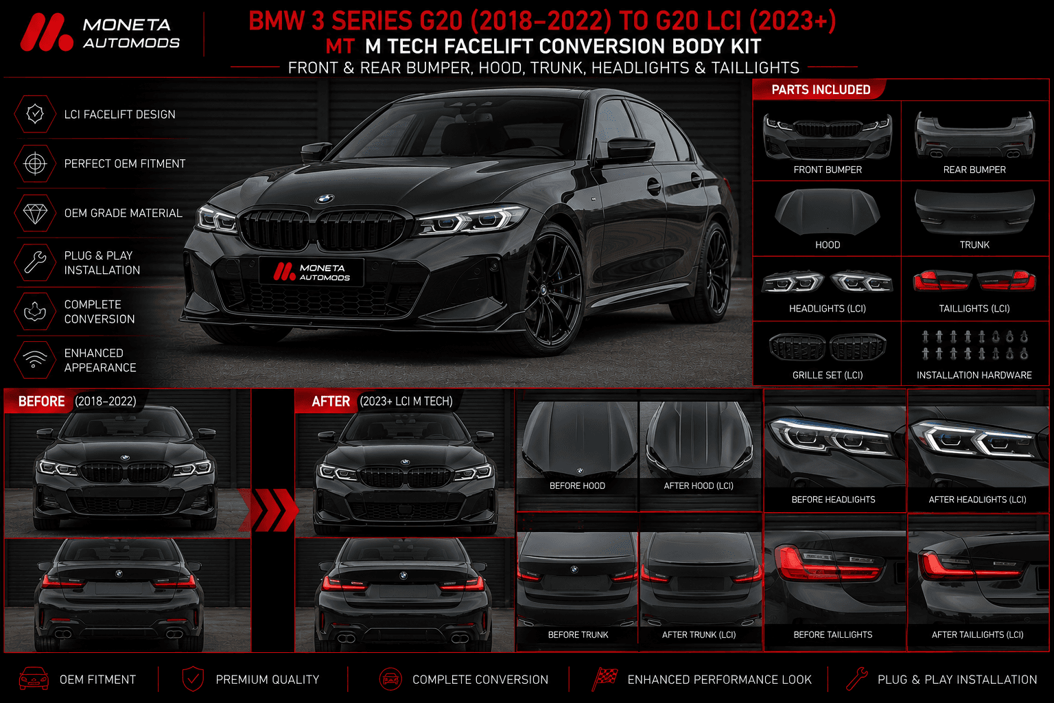 BMW 3 Series G20 (2018–2022) to G20 LCI (2023+) MT M Tech Facelift Conversion Body Kit – Front & Rear Bumper, Hood, Trunk, Headlights & Taillights