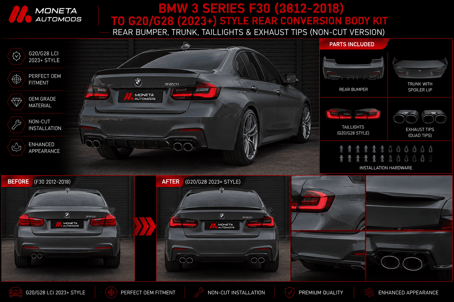BMW 3 Series F30 (2012–2018) to G20/G28 (2023+) Style Rear Conversion Body Kit – Rear Bumper, Trunk, Taillights & Exhaust Tips (Non-Cut Version)