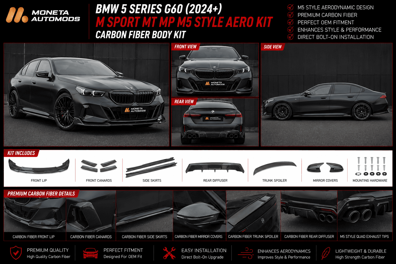 BMW 5 Series G60 (2024+) M Sport MT MP M5 Style Aero Kit – Carbon Fiber Body Kit 1