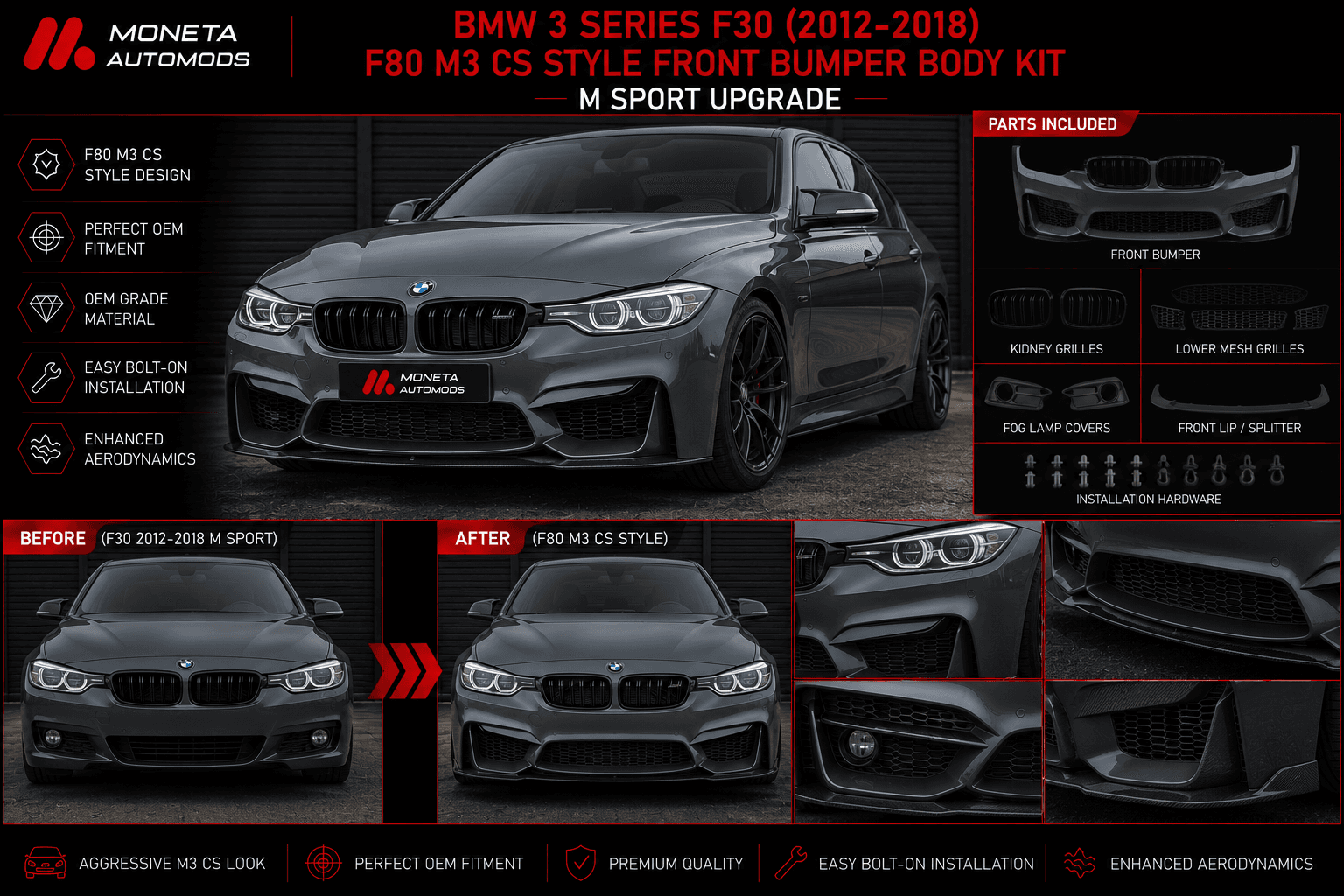 BMW 3 Series F30 (2012–2018) F80 M3 CS Style Front Bumper Body Kit – M Sport Upgrade 1