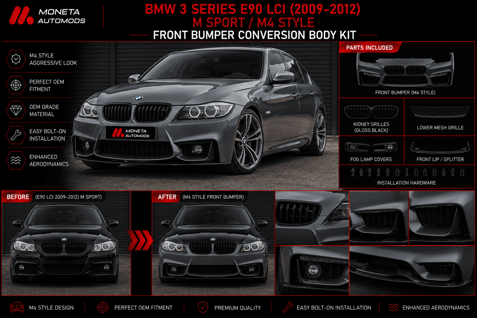 BMW 3 Series E90 LCI (2009–2012) M Sport / M4 Style Front Bumper Conversion Body Kit 1