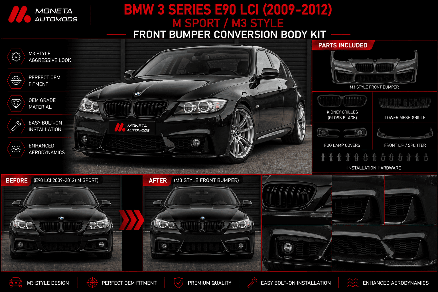 BMW 3 Series E90 LCI (2009–2012) M Sport / M3 Style Front Bumper Conversion Body Kit 1