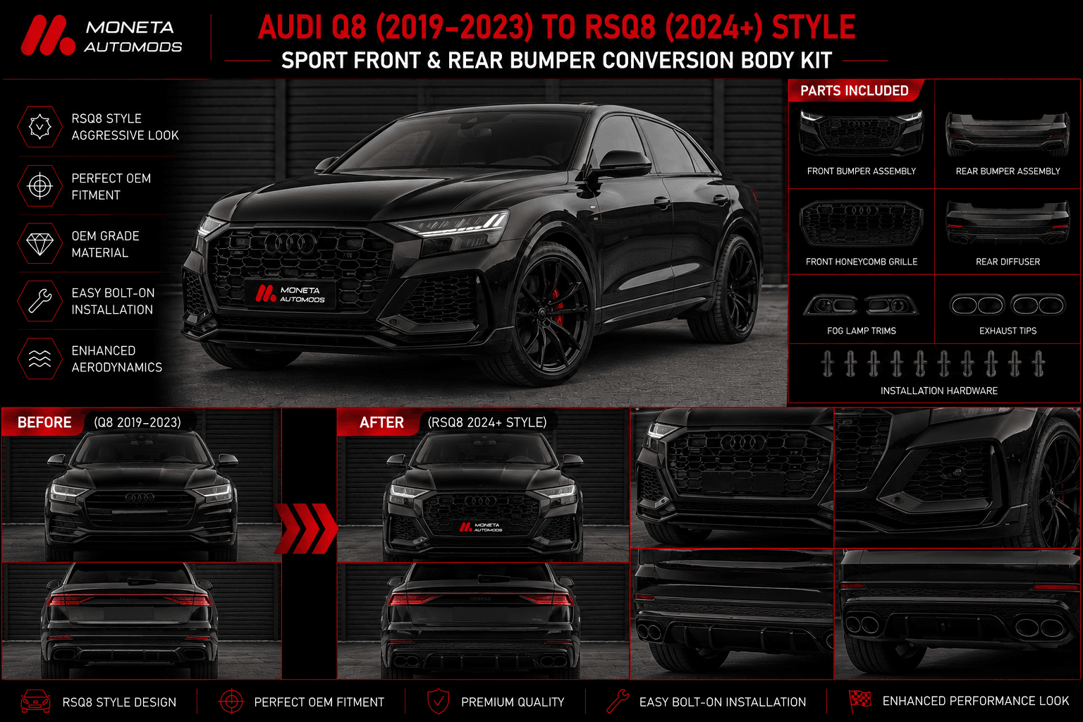 Audi Q8 (2019–2023) to RSQ8 (2024+) Style Sport Front & Rear Bumper Conversion Body Kit 1