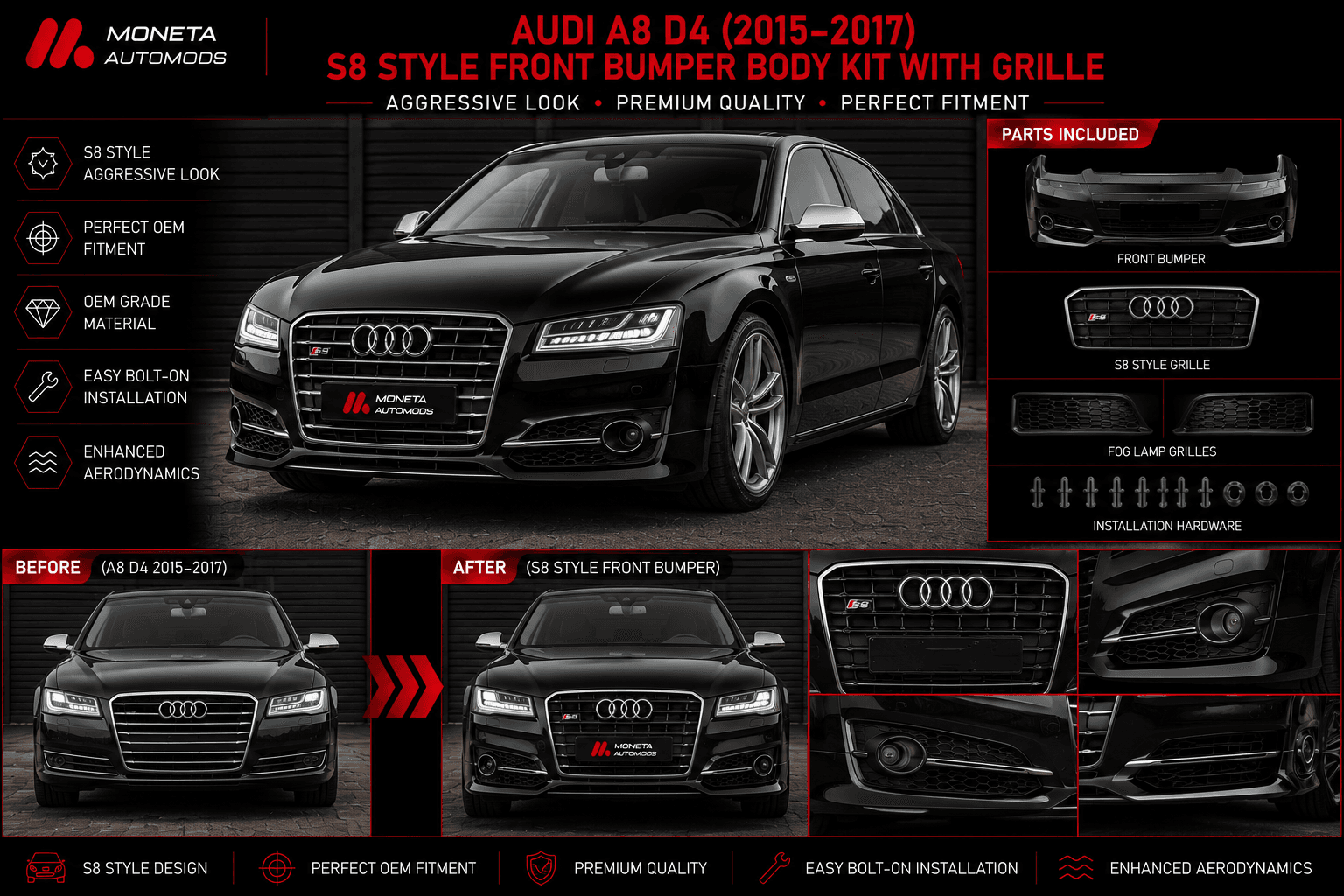 Audi A8 D4 (2015–2017) S8 Style Front Bumper Body Kit with Grille